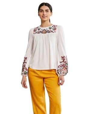 Boden Embroidered Blouson Jersey Top - White/Multi - Size US 10 / UK 14